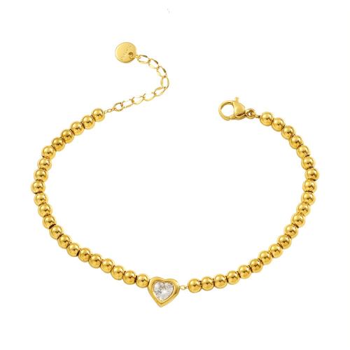 304 Stainless Steel Bracelet, with 5cm extender chain, Heart, gold color plated, fashion jewelry & ball chain & micro pave cubic zirconia & for woman, Length:Approx 16 cm, Sold By PC