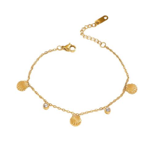 304 Stainless Steel Bracelet, with 5cm extender chain, Shell, gold color plated, fashion jewelry & for woman & with rhinestone, Length:Approx 16 cm, Sold By PC