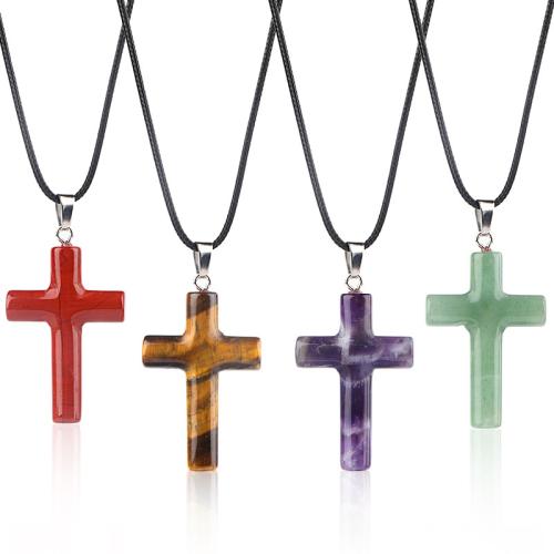 Gemstone Necklace, with leather cord, with 5cm extender chain, Cross, polished, different materials for choice & Unisex, Length:Approx 45 cm, Sold By PC