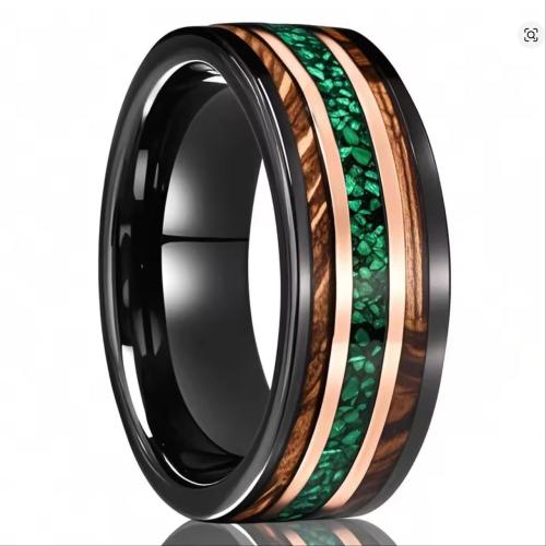 Tungsten Steel Finger Ring, with Green Opal & Wood, plated, Unisex & different size for choice, black, US Ring Size:6-15.5, Sold By PC