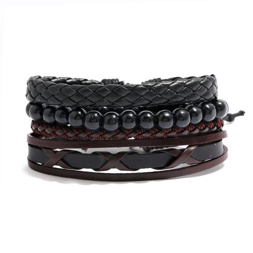 Cowhide Bracelet Set, with PU Leather & Wax Cord & Wood, with 8-9cm extender chain, Unisex & braided, Inner Diameter:Approx 60mm, Length:Approx 17-18 cm, Sold By Set