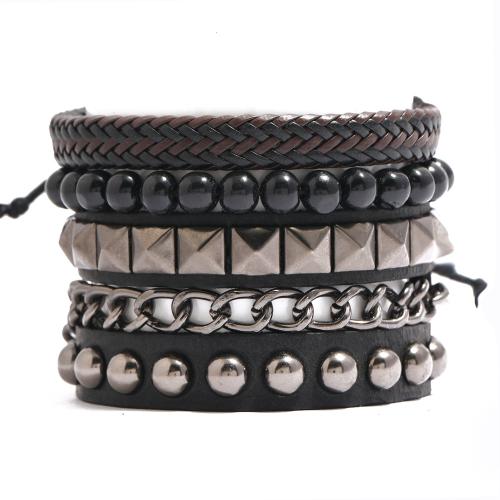Cowhide Bracelet Set, with PU Leather & Wax Cord & Wood, multilayer & Unisex, Inner Diameter:Approx 60mm, Length:Approx 17-18 cm, Approx 22 cm, Sold By Set