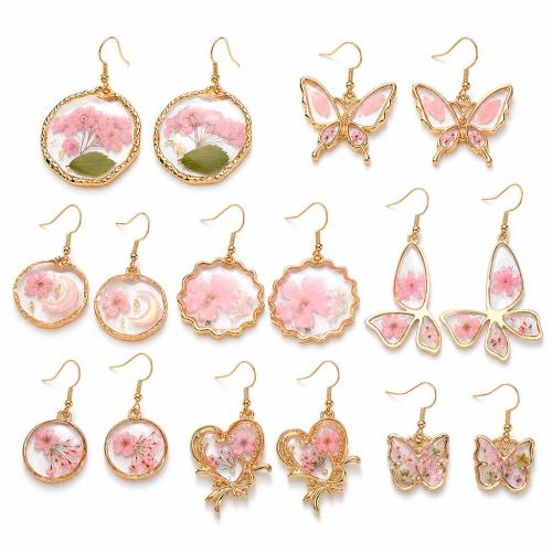 Tibetan Style Drop Earring, with Dried Flower, gold color plated, different styles for choice & for woman, earring size 18-54mm, Sold By Pair