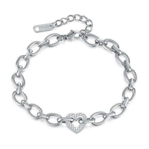 304 Stainless Steel Bracelet, with 4cm extender chain, Heart, plated, micro pave cubic zirconia & for woman, more colors for choice, Length:Approx 18 cm, Sold By PC