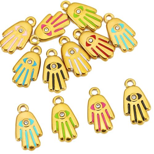 Evil Eye Pendants, 304 Stainless Steel, Hamsa, gold color plated, DIY & enamel & with rhinestone, more colors for choice, 9.20x16.50mm, Sold By PC