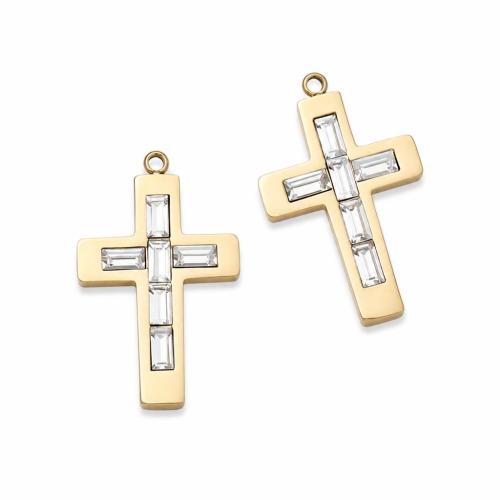 Stainless Steel Cross Pendants, 304 Stainless Steel, gold color plated, DIY & with rhinestone, 15x24mm, 10PCs/Bag, Sold By Bag