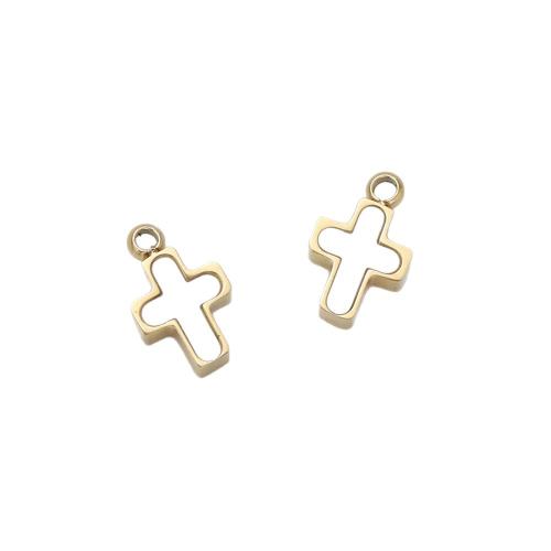 Stainless Steel Cross Pendants, 304 Stainless Steel, with White Shell, gold color plated, DIY, 6x10mm, 10PCs/Bag, Sold By Bag
