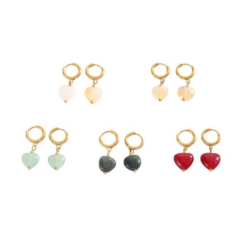 304 Stainless Steel Huggie Hoop Drop Earring, with Gemstone, Heart, gold color plated, fashion jewelry & for woman, more colors for choice, 10.20x16.30mm, Sold By Pair