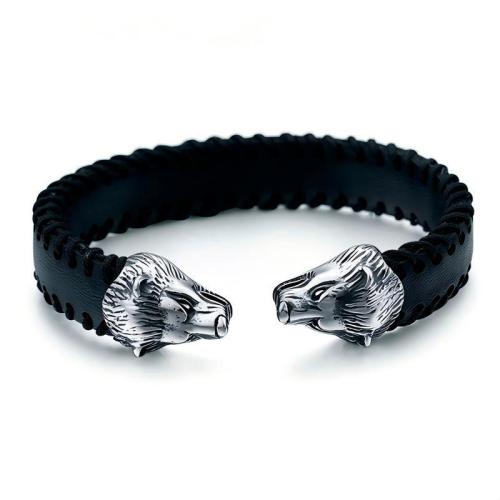 Titanium Steel Cuff Bangle, with PU Leather, Wolf, vintage & for man, Sold By PC