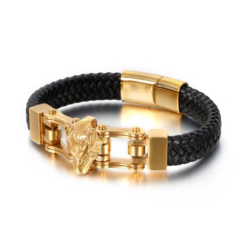 Titanium Steel Bracelet, with Cowhide, plated, fashion jewelry & for man, more colors for choice, Length:Approx 21 cm, Sold By PC