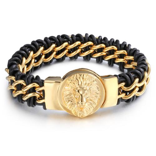 Titanium Steel Bracelet, with cowhide cord, plated, vintage & for man, more colors for choice, Length:Approx 21 cm, Sold By PC