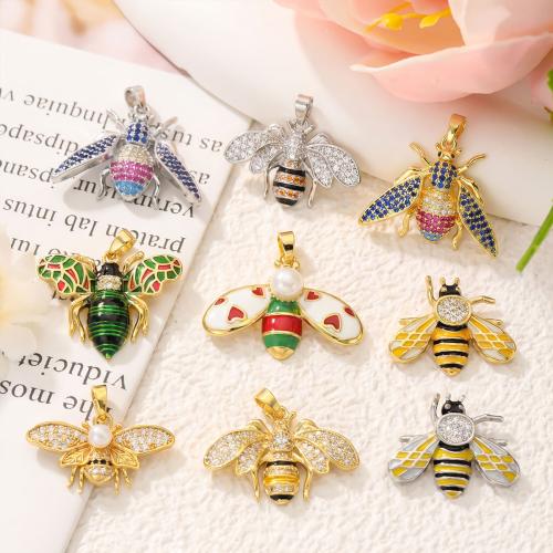Cubic Zirconia Micro Pave Brass Pendants, with Plastic Pearl, Bee, plated, DIY & different styles for choice & micro pave cubic zirconia & enamel, pendent size 16-28mm, Sold By PC