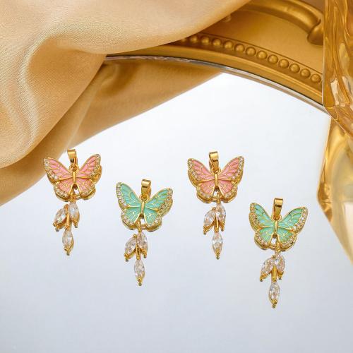 Cubic Zirconia Micro Pave Brass Pendants, Butterfly, gold color plated, DIY & micro pave cubic zirconia & enamel, more colors for choice, 17x28mm, Sold By PC