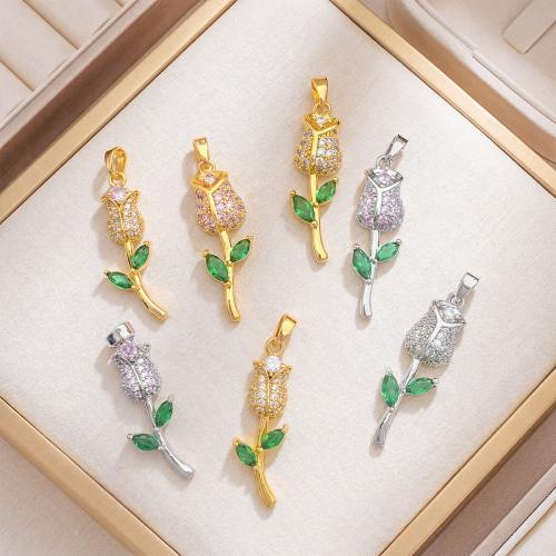 Cubic Zirconia Micro Pave Brass Pendants, Flower, plated, DIY & different styles for choice & micro pave cubic zirconia, 10x24.50mm, Sold By PC