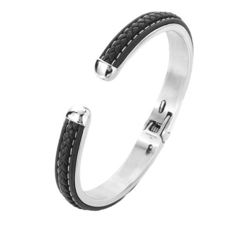 304 Stainless Steel Cuff Bangle, with PU Leather, vintage & for man, Inner Diameter:Approx 64x49mm, Sold By PC