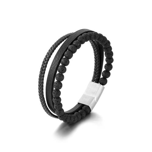 Titanium Steel Bracelet, with PU Leather & Lava, plated, multilayer & for man, more colors for choice, 210x6mm, Sold By PC