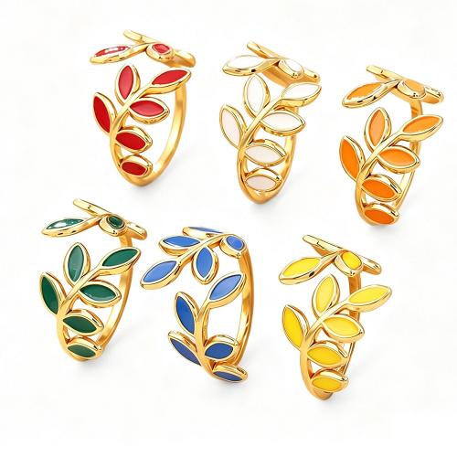 304 Stainless Steel Cuff Finger Ring, Leaf, gold color plated, for woman & enamel, more colors for choice, US Ring Size:8, Sold By PC