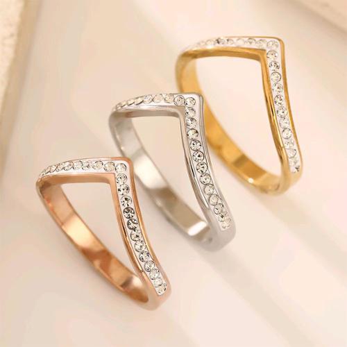304 Stainless Steel Finger Ring, Letter V, plated, different size for choice & for woman & with rhinestone, more colors for choice, US Ring Size:6-9, Sold By PC