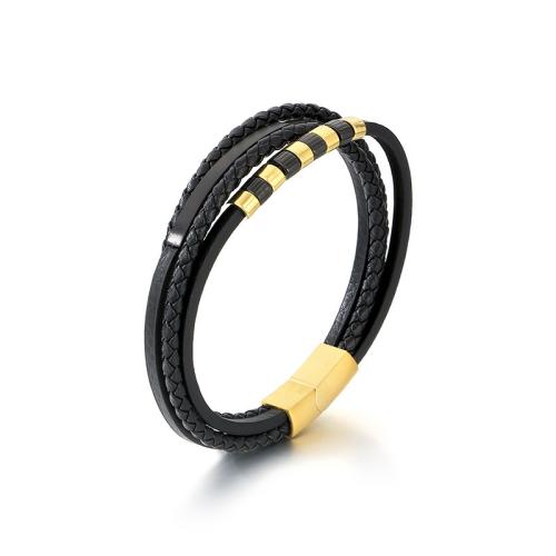 Titanium Steel Bracelet, with PU Leather, plated, multilayer & for man, more colors for choice, 210x3mm, Sold By PC