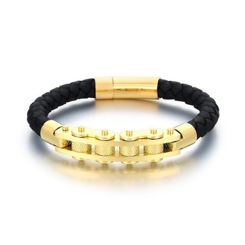 Titanium Steel Bracelet, with Cowhide, plated, fashion jewelry & for man, more colors for choice, 215x8mm, Sold By PC