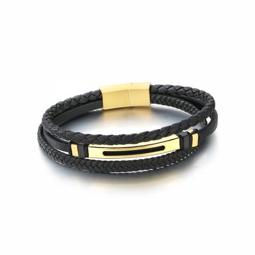 Titanium Steel Bracelet, with PU Leather, plated, fashion jewelry & multilayer & for man, more colors for choice, 210x5mm, Sold By PC