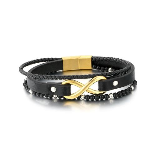 Titanium Steel Bracelet, with PU Leather & Agate, Infinity, plated, fashion jewelry & multilayer & for man, more colors for choice, 210x7mm, Sold By PC