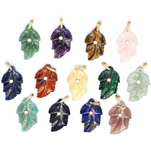 Gemstone Jewelry Pendants, with Tibetan Style, Leaf, gold color plated, DIY & different materials for choice & micro pave cubic zirconia, 34x21x5mm, Sold By PC
