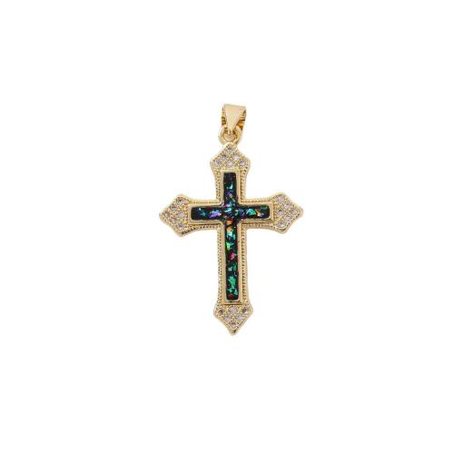 Brass Cross Pendants, with Opal & Shell, gold color plated, DIY & micro pave cubic zirconia, more colors for choice, 22x32mm, Sold By PC
