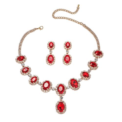 cristal parure de bijoux, boucle d'oreille & collier, avec alliage de zinc, Placage, 2 pièces & pour femme & avec strass, plus de couleurs à choisir, Vendu par fixé