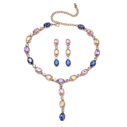 cristal parure de bijoux, boucle d'oreille & collier, avec alliage de zinc, avec 13cm chaînes de rallonge, Placage, 2 pièces & pour femme & avec strass, plus de couleurs à choisir, earring size 52x18mm, Longueur:Environ 36.5 cm, Vendu par fixé