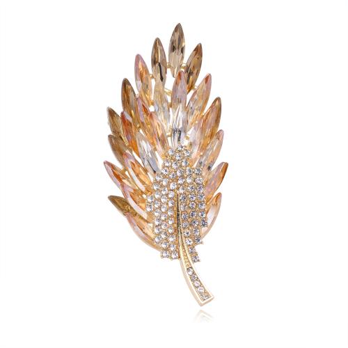 Tibetan Style Brooch, with Crystal, Feather, gold color plated, for woman & with rhinestone, 33x72mm, Sold By PC