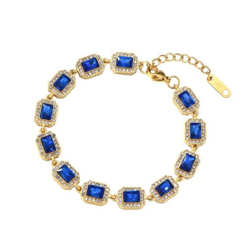 Titanium Steel Bracelet, with 3cm extender chain, Square, gold color plated, micro pave cubic zirconia & for woman, more colors for choice, Length:Approx 17 cm, Sold By PC
