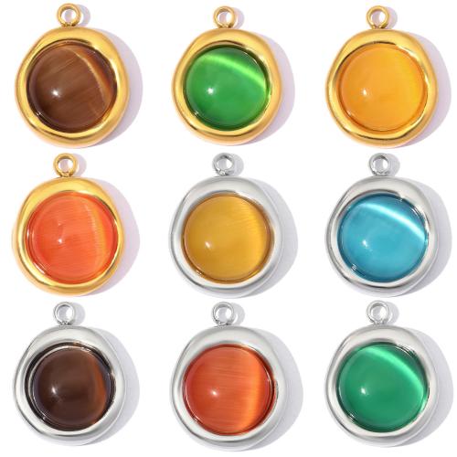 Cats Eye Pendants, 304 Stainless Steel, with Cats Eye, Round, plated, DIY, more colors for choice, 11x14mm, 3PCs/Bag, Sold By Bag