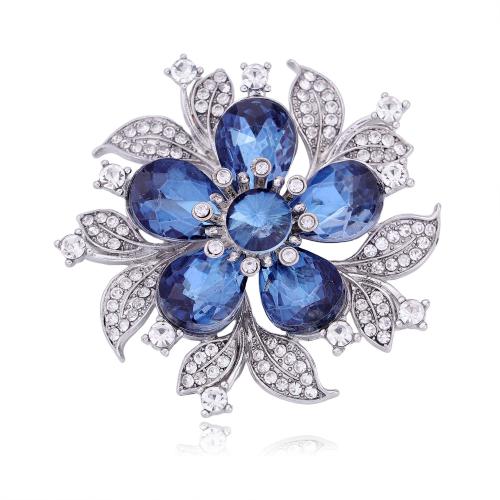 Tibetan Style Brooch, with Crystal, Flower, plated, Unisex & with rhinestone, more colors for choice, 45x45mm, Sold By PC