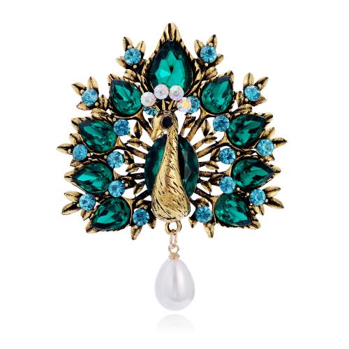 Tibetan Style Brooch, with Plastic Pearl, Peacock, plated, vintage & Unisex & with rhinestone, antique gold color, 55x68mm, Sold By PC