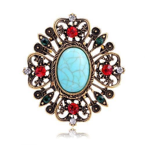 Tibetan Style Brooch, with Turquoise, plated, Unisex & with rhinestone, antique gold color, 58x64mm, Sold By PC