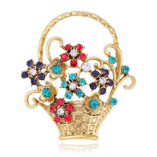 Tibetan Style Brooch, Flower Basket, plated, Unisex & with rhinestone & hollow, golden, 58x66mm, Sold By PC