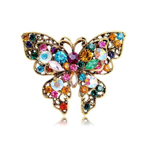 Tibetan Style Brooch, Butterfly, antique gold color plated, Unisex & with rhinestone, 55x45mm, Sold By PC