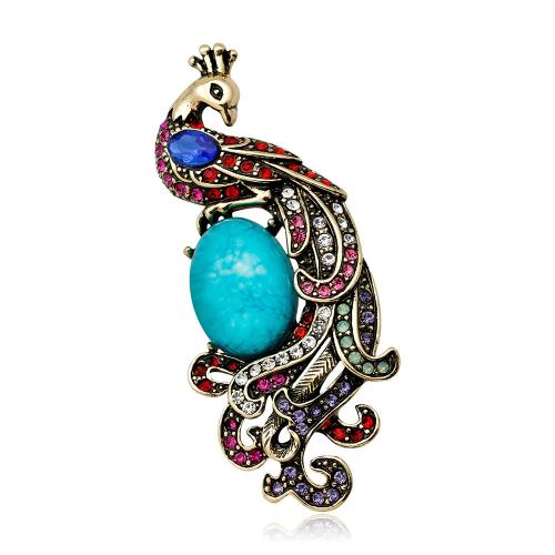 Tibetan Style Brooch, Peacock, plated, Unisex & with rhinestone, 25x59mm, Sold By PC
