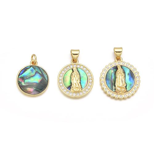 Natural Abalone Shell Pendants, Brass, with Abalone Shell, Flat Round, gold color plated, DIY & different styles for choice & micro pave cubic zirconia, Sold By PC