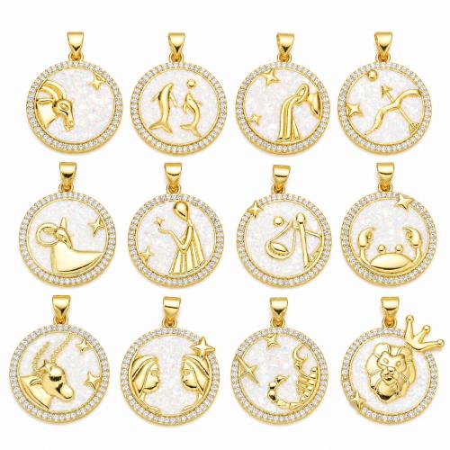 Cubic Zirconia Micro Pave Brass Pendants, with Pink Opal, 12 Signs of the Zodiac, 18K gold plated, DIY & different styles for choice & micro pave cubic zirconia & enamel, 20x23mm, Sold By PC