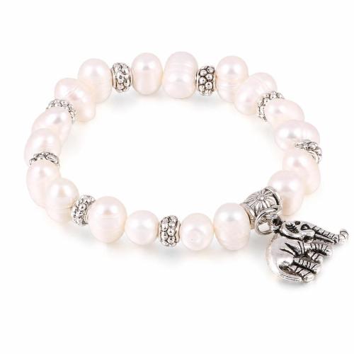 Freshwater Pearl Bracelet, with Tibetan Style, Elephant, vintage & for woman, white, Length:Approx 7 Inch, Sold By PC