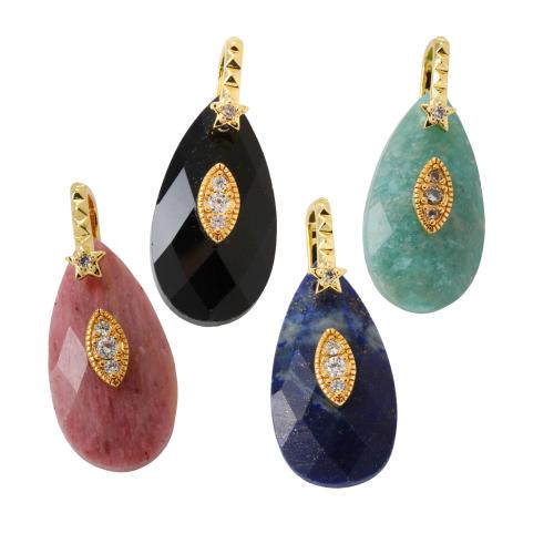 Bijoux Pendentifs en pierres gemmes, pierre gemme, avec laiton, larme, Placage de couleur d'or, DIY & différents matériaux pour le choix & pavé de micro zircon & facettes, 13.10x30.90mm, Vendu par PC