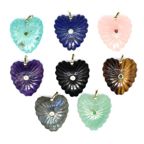 pierre gemme Pendentif, avec laiton, coeur, gravé, DIY & différents matériaux pour le choix & pavé de micro zircon, 33x30x12mm, Vendu par PC