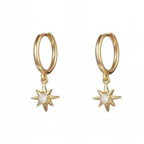 Brass Huggie Hoop Drop Earring, Eight Point Star, plated, for woman & with rhinestone, more colors for choice, Inner diameter of earring clasp 9mm, Sold By Pair