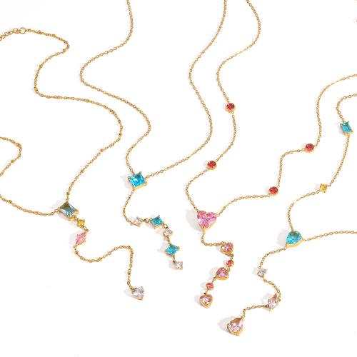 Acier inoxydable 304 collier, Placage de couleur d'or, bijoux de mode & styles différents pour le choix & pavé de micro zircon & pour femme, Vendu par PC