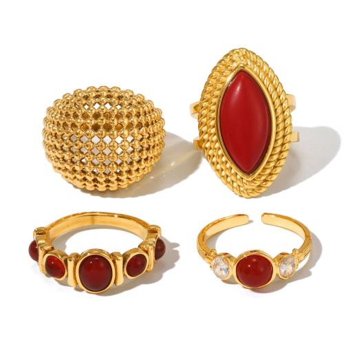 acero inoxidable 304 anillo, con Ágata roja, chapado en color dorado, diferentes estilos para la opción & para mujer, Vendido por UD