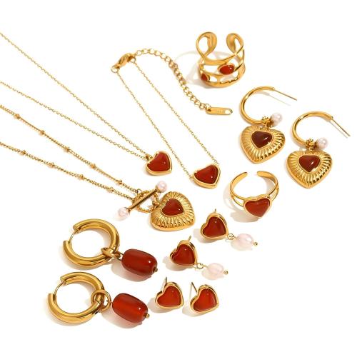 304 Edelstahl Mode Schmuckset, mit Roter Achat, goldfarben plattiert, verschiedene Stile für Wahl & für Frau, verkauft von PC