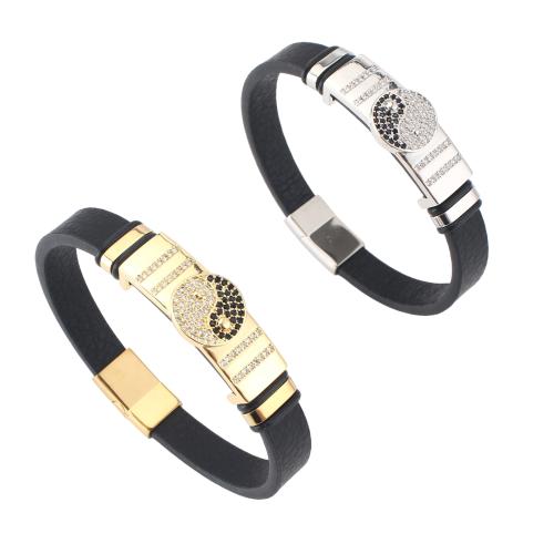Microfiber PU Bracelet, with Brass, plated, Unisex & micro pave cubic zirconia, more colors for choice, 214x10x4mm, Sold By PC