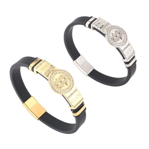 Microfiber PU Bracelet, with Brass, Dollar Sign, plated, Unisex & micro pave cubic zirconia, more colors for choice, 214x10x4mm, Sold By PC